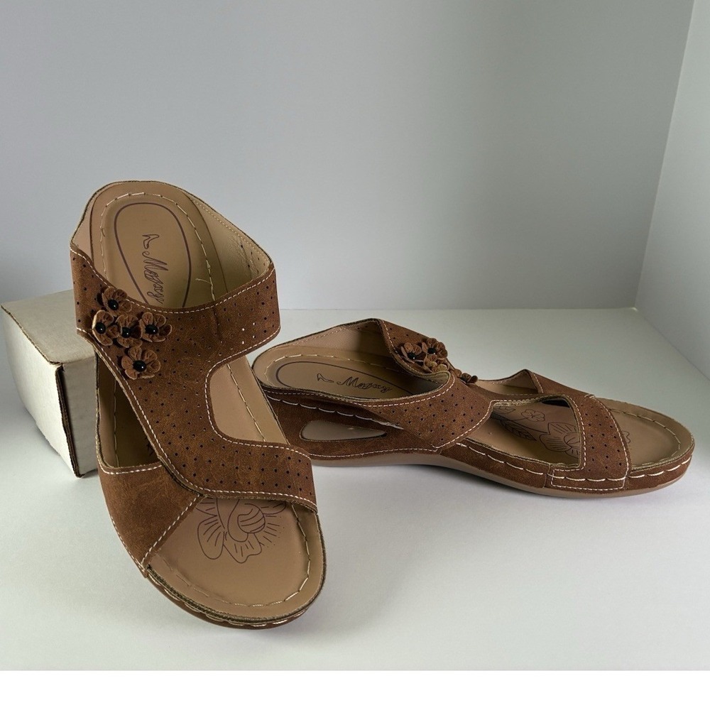 Womens Orthopedic Wedge Sandals Casual Tan Brown Floral Slides Size 8.5 40 EU